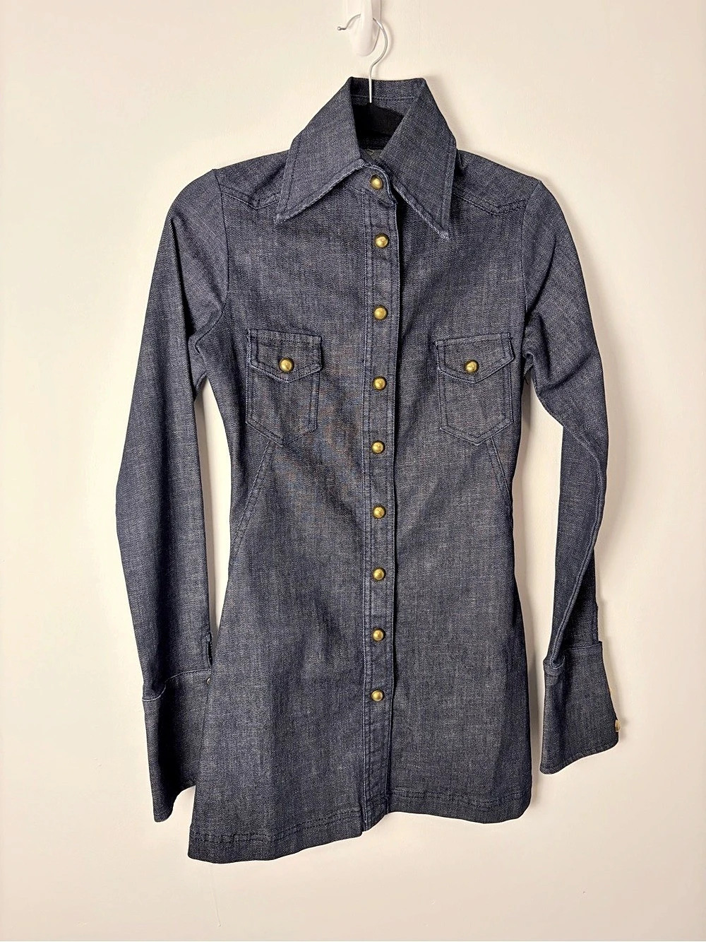 MIZZAC Dark Wash Denim Shirt Dress Gold-Tone Detail Size 1